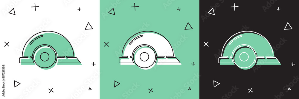 将工人安全帽图标隔离在白色和绿色黑色背景上。矢量图。