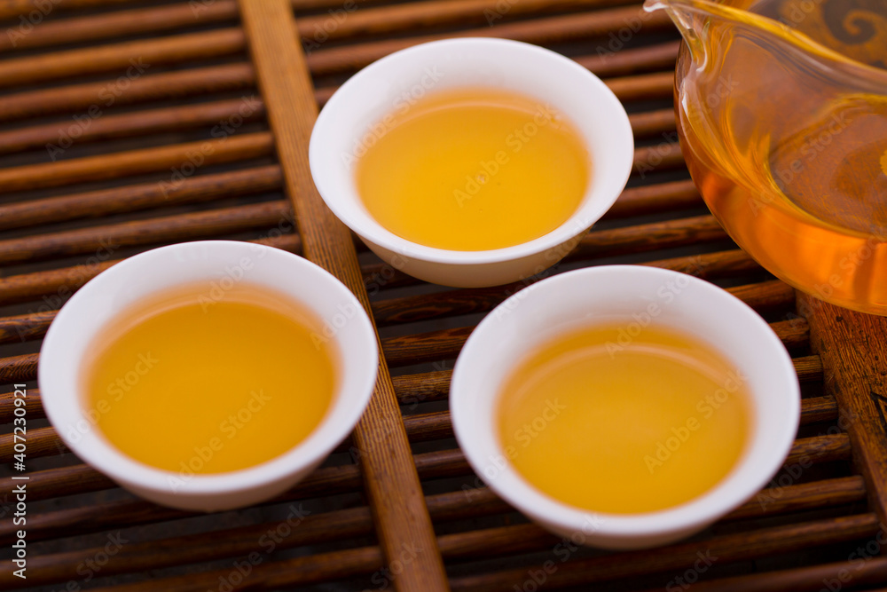 Three cups of tea on tray,close-up