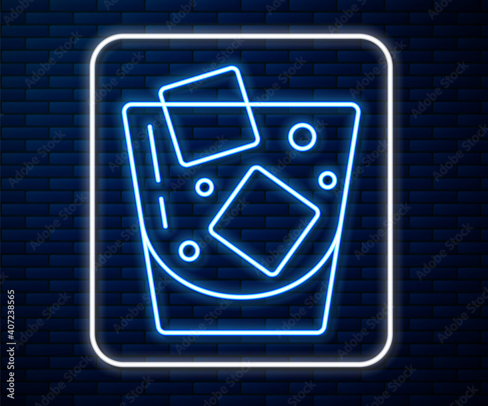 Glowing neon line Glass of whiskey and ice cubes icon isolated on brick wall background. Vector.