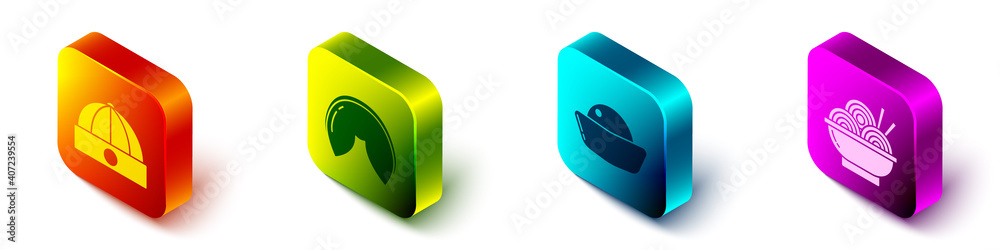 Set Isometric Chinese hat, Chinese fortune cookie, Sushi and Asian noodles in bowl icon. Vector.