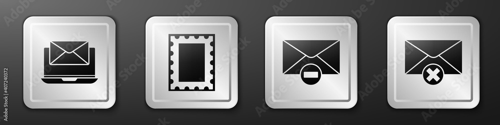 Set Laptop with envelope, Postal stamp, Delete envelope and Delete envelope icon. Silver square butt