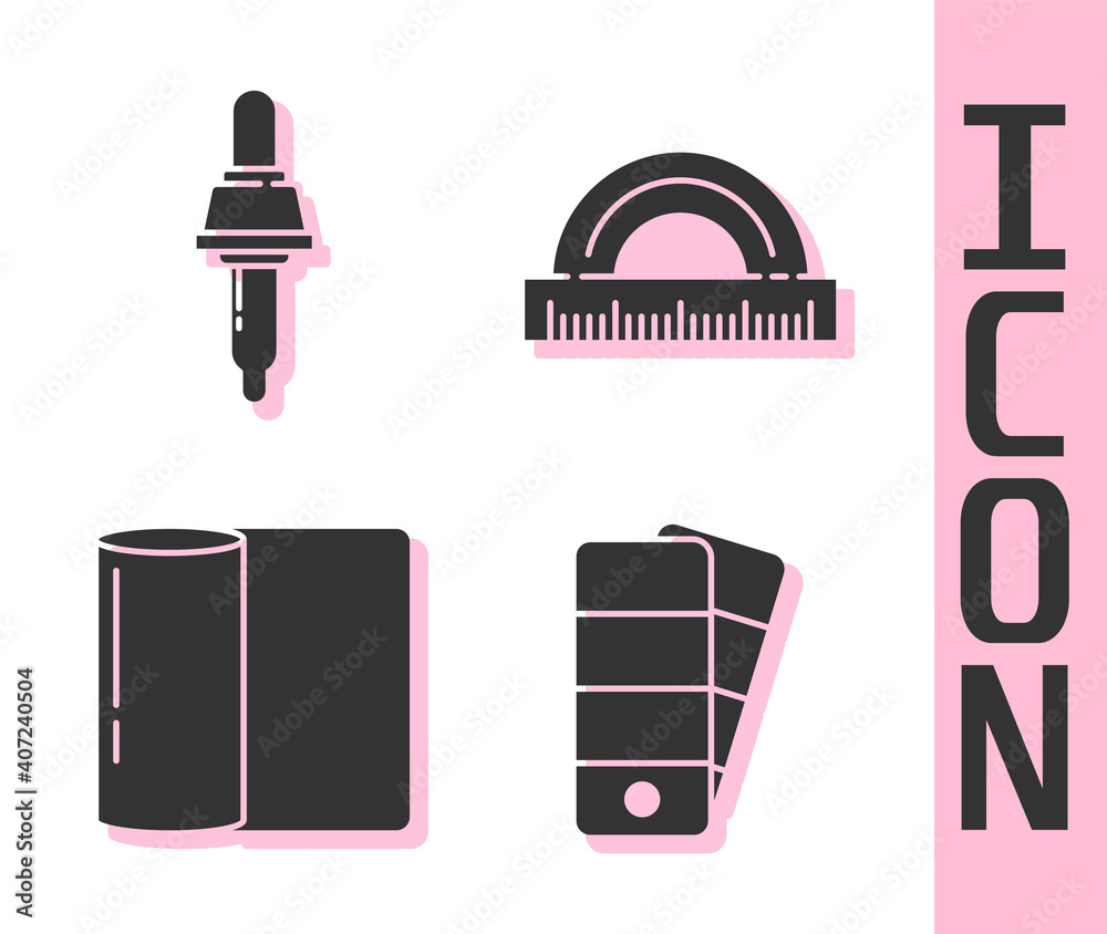 Set Palette, Pipette, Paper towel roll and Protractor icon. Vector.