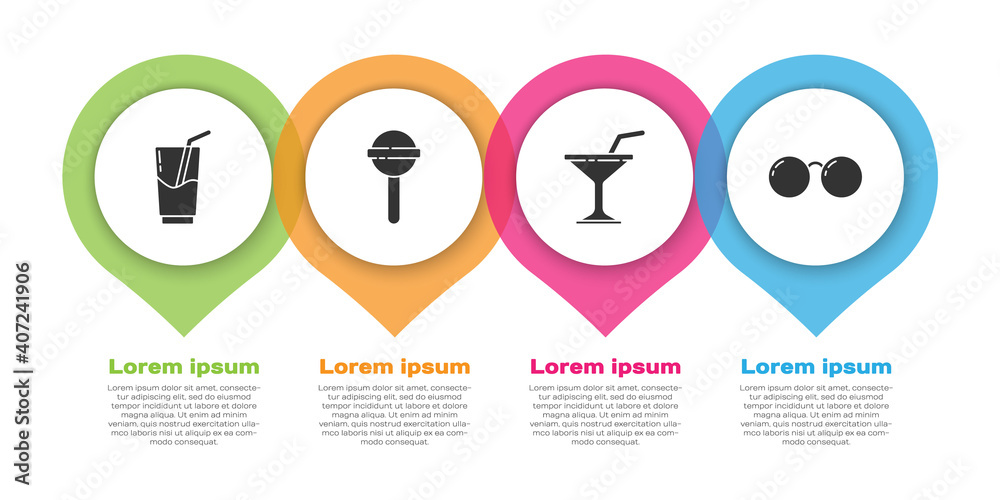 设置鸡尾酒和酒精饮料，棒棒糖，马提尼杯和眼镜。商业信息图模板。