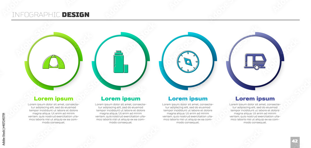 设置旅游帐篷、保温箱、指南针和Rv露营拖车。商业信息图表模板。