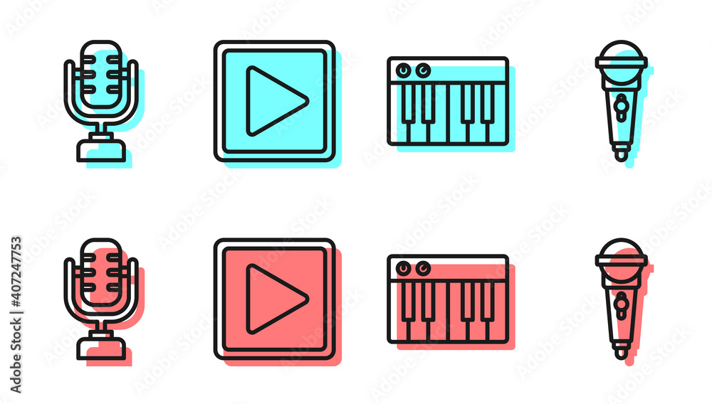设置线路音乐合成器、麦克风、方形播放和麦克风图标。矢量。