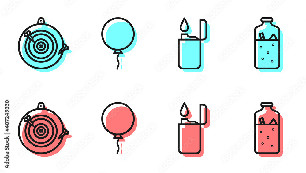 Set line Lighter, Classic dart board and arrow, Balloon with ribbon and Mulled wine icon. Vector.