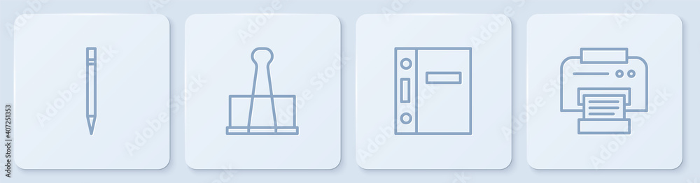 设置带橡皮擦的线条铅笔、Office文件夹、活页夹和打印机。白色方形按钮。矢量。