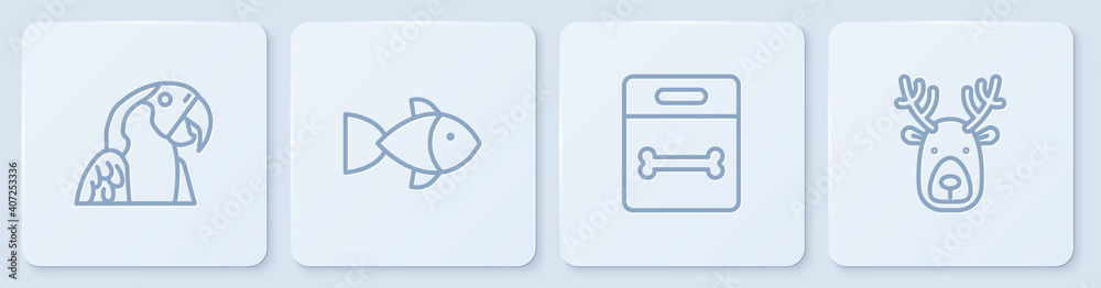 设线金刚鹦鹉，狗骨，带鹿角的鱼和鹿头。白色方形按钮。矢量。