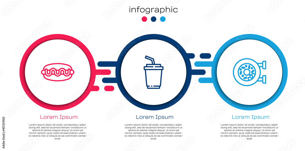 Set line Hotdog sandwich, Paper glass with water and Donut. Business infographic template. Vector.