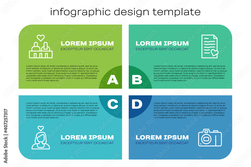 Set line Couple in love, , Photo camera and Envelope with Valentine heart. Business infographic temp