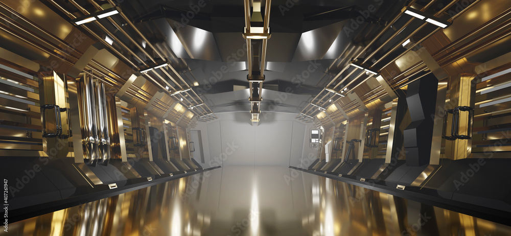 Sci-Fi gold metallic corridor background with spot light, 3d rendering.