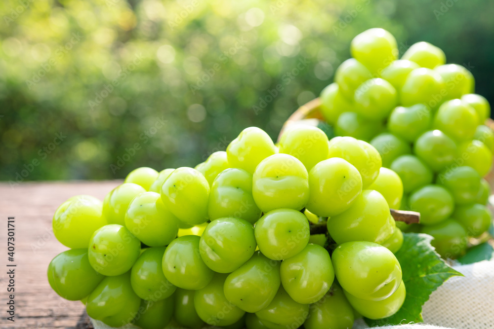 Green grape in Bamboo basket on wooden table in garden, Shine Muscat Grape with leaves in blur backg