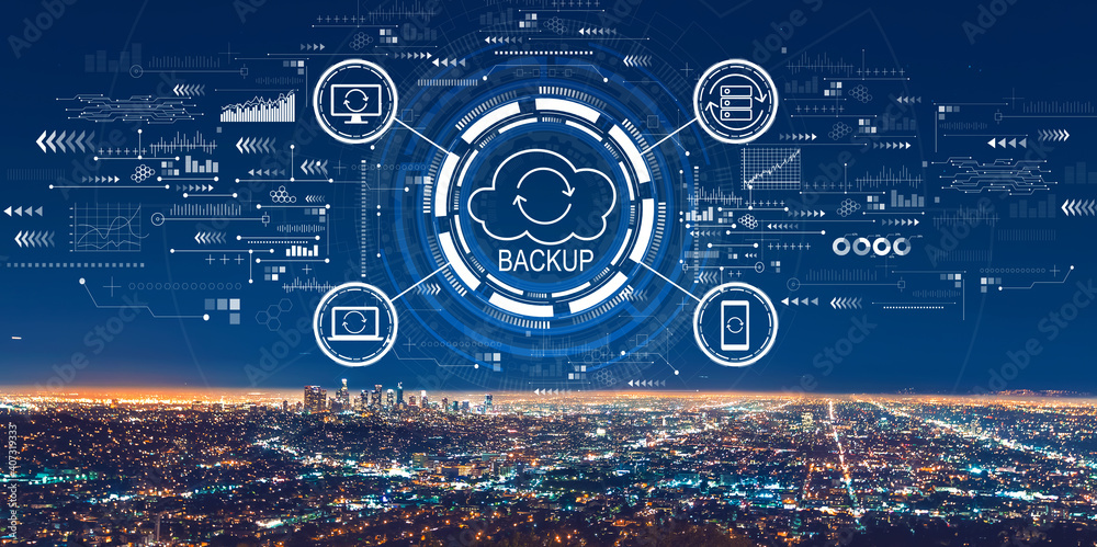 Backup concept with downtown Los Angeles at night