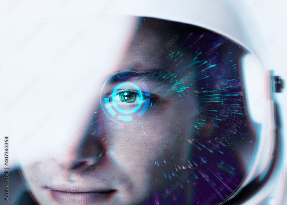 Astronaut with glass helmet with smart lens technology