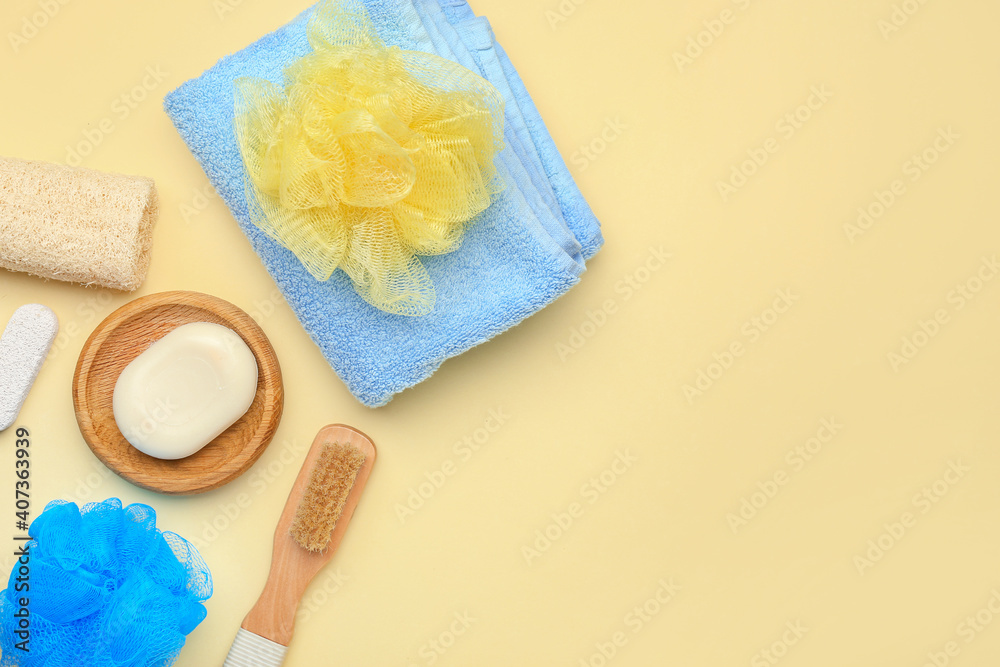 Bath cosmetics and accessories on color background