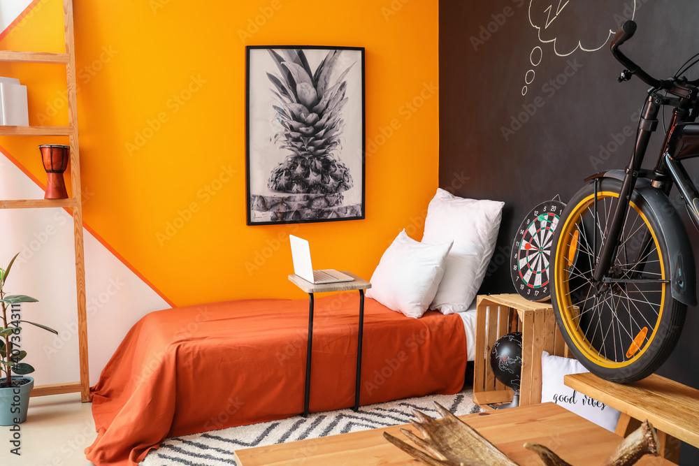 Interior of modern bedroom with bicycle