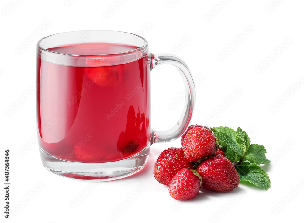 Cup of hot tea with strawberry and mint on white background