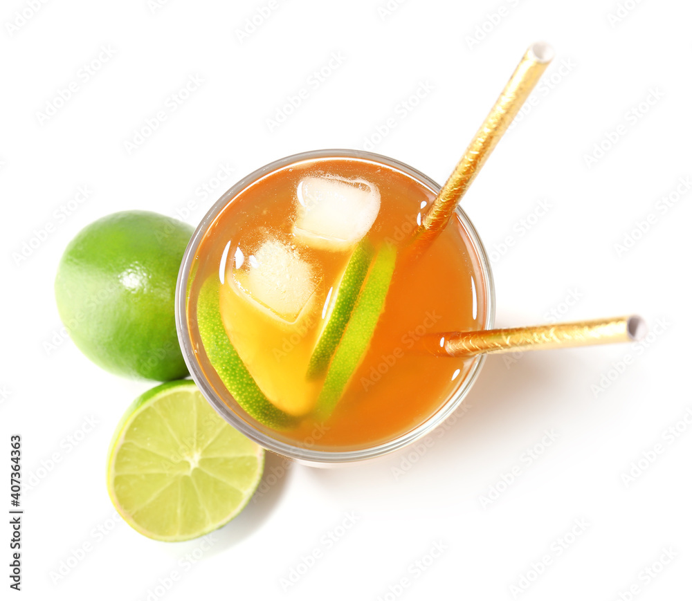 Glass of tasty ice tea on white background