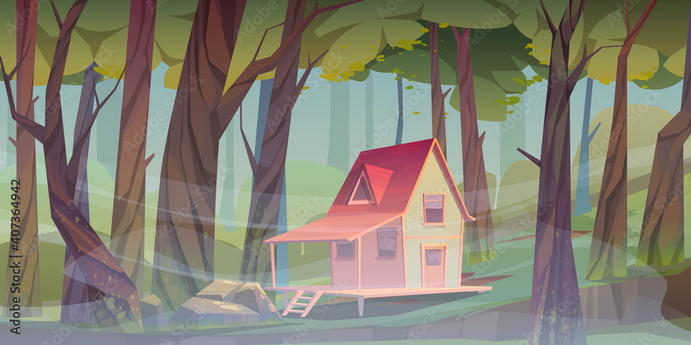 Wood house in forest with morning fog. Forester shack. Vector cartoon summer landscape of wooden vil