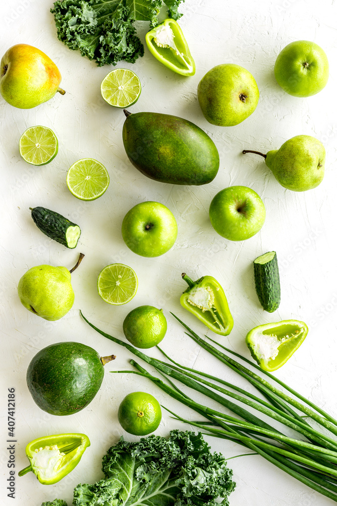 Variety of green fruits and vegetables for protein vegetarians meal