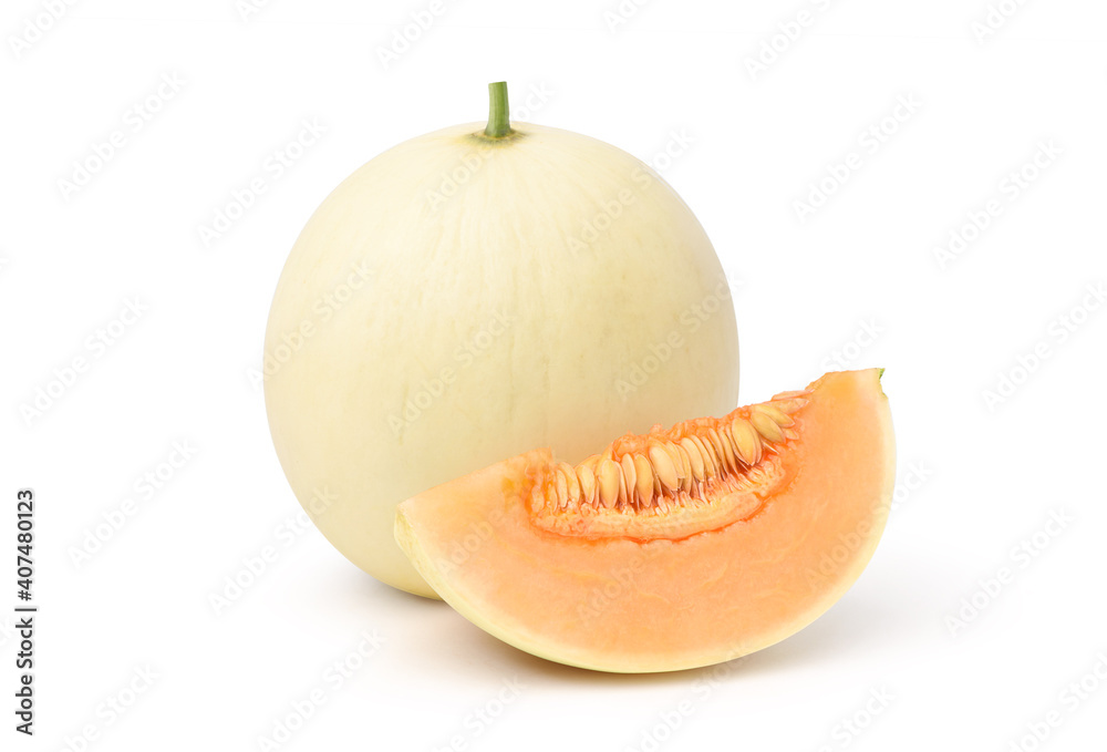 Orange Honeydew Melon with slice isolated on white background. Clipping path.