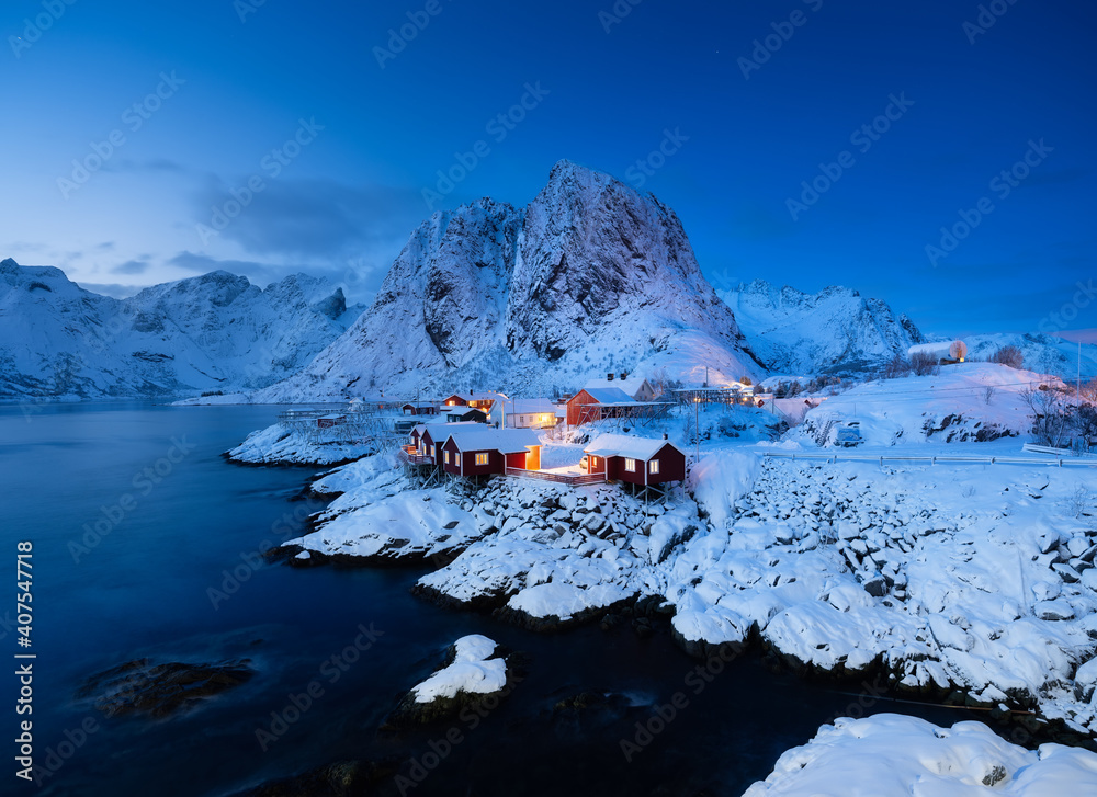 Iconic view in Norway after sunset. View on the houses in the Hamnoy village, Lofoten Islands, Norwa