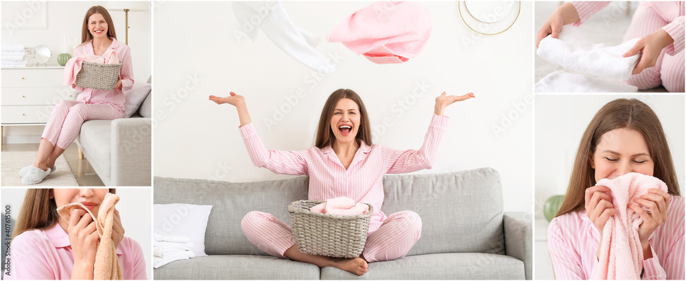 Young woman with clean laundry on grey background