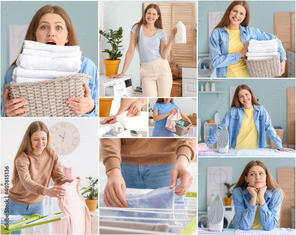 Young woman with clean laundry on grey background