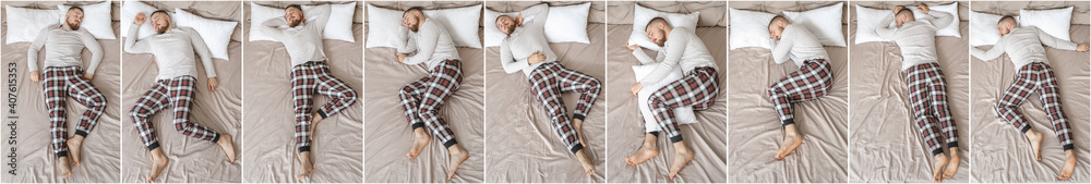 Young man sleeping in different positions in bed