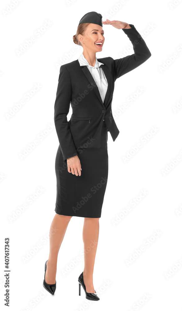 Beautiful stewardess on white background