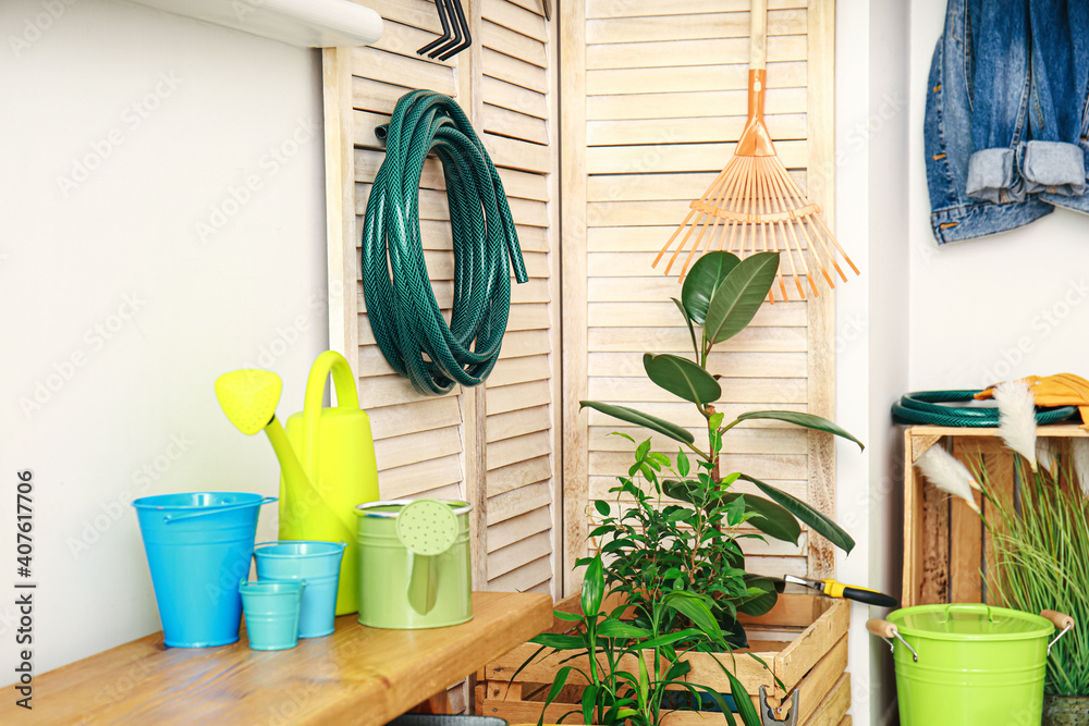 Different gardening supplies in barn