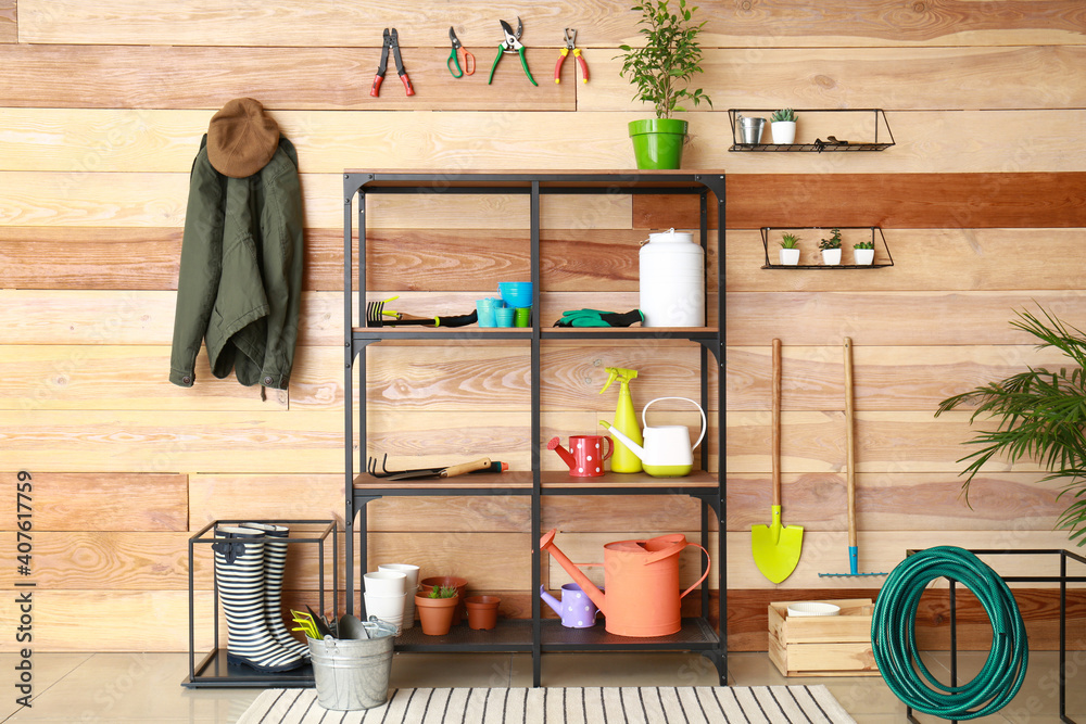 Different gardening supplies in barn