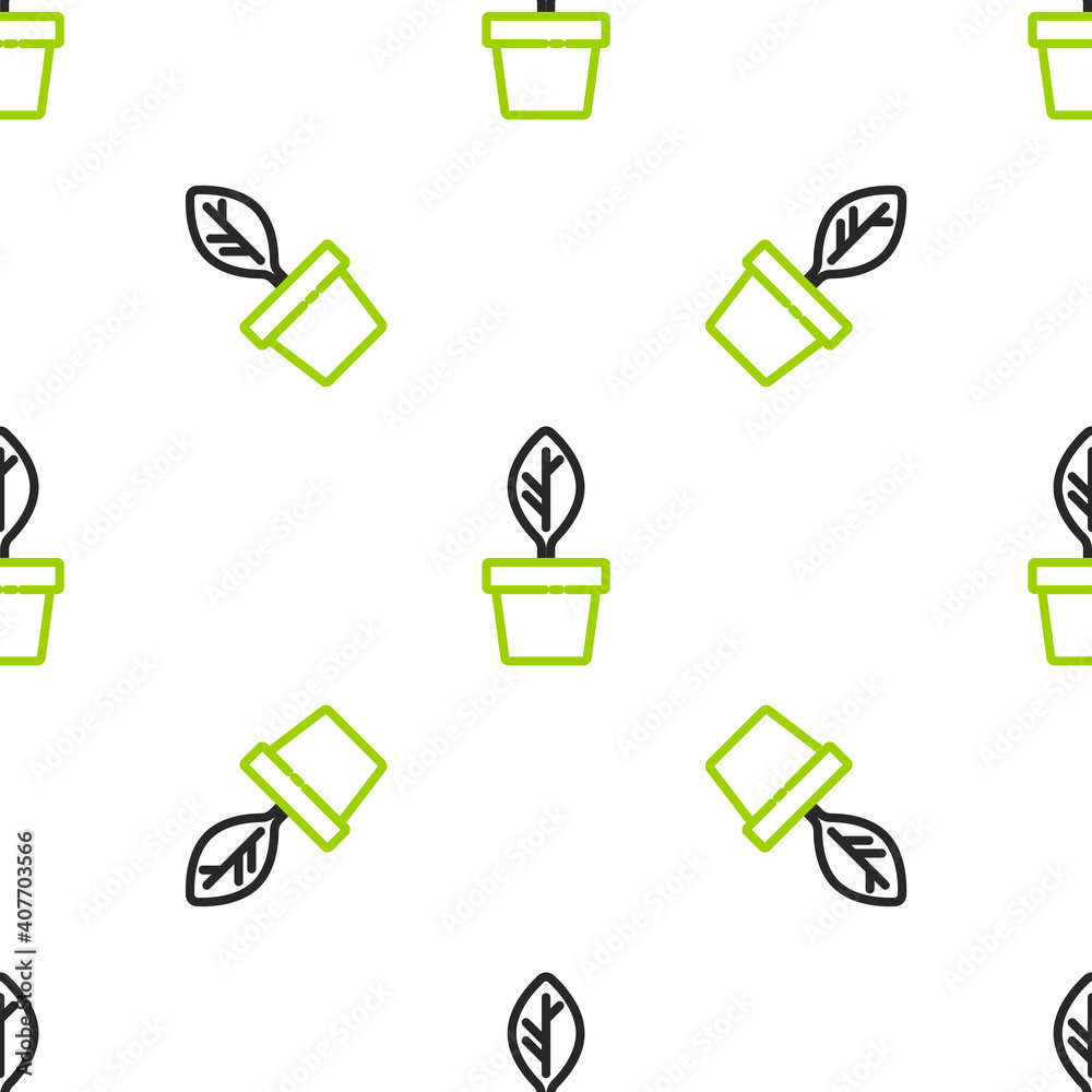 Line Plant in pot icon isolated seamless pattern on white background. Plant growing in a pot. Potted