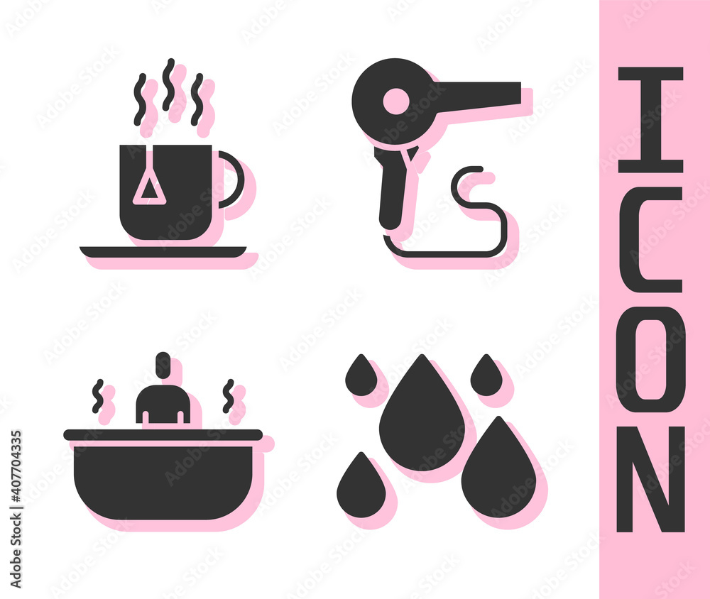 Set Water drop, Cup of tea with tea bag, Bathtub and Hair dryer icon. Vector.