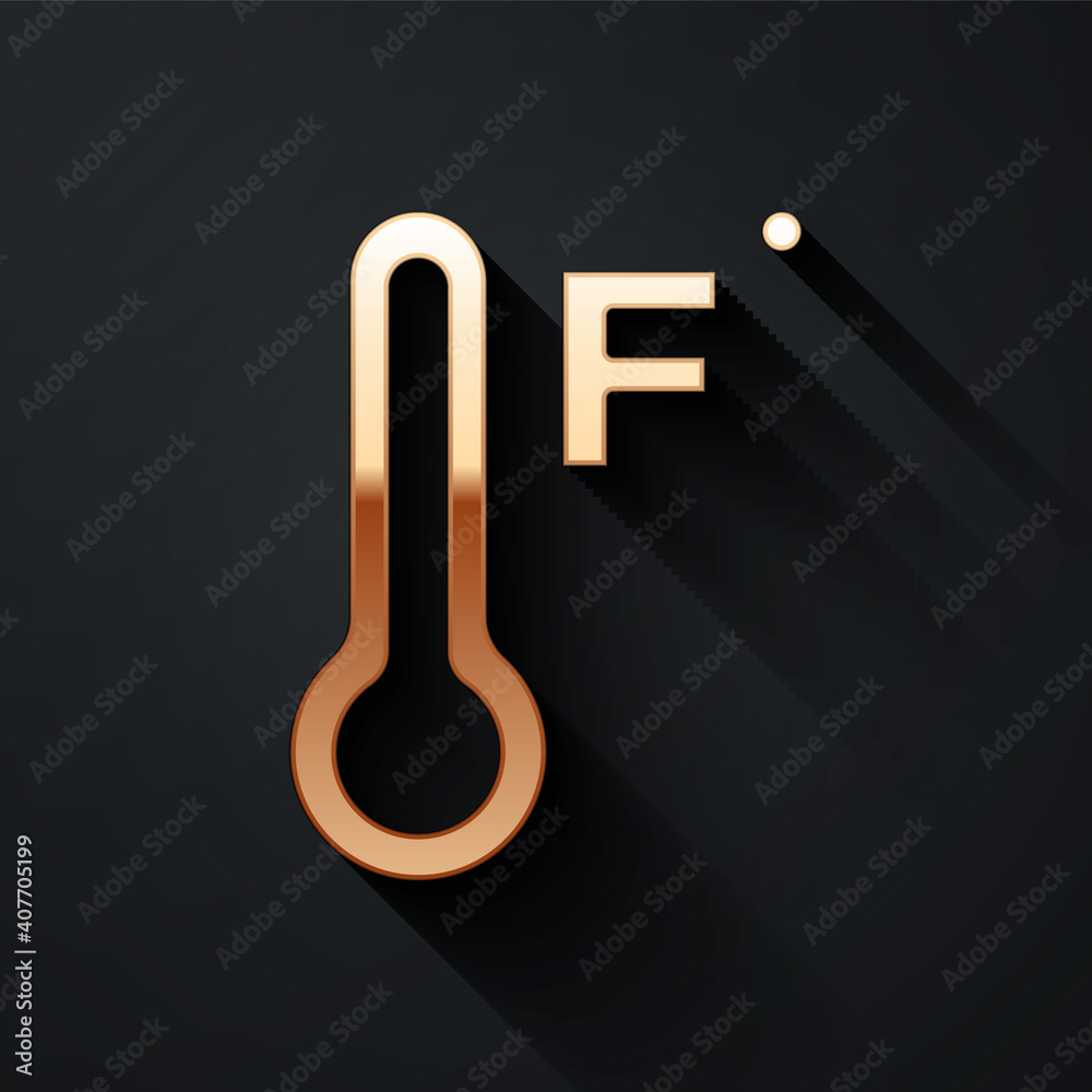 Gold Meteorology thermometer measuring heat and cold icon isolated on black background. Temperature 