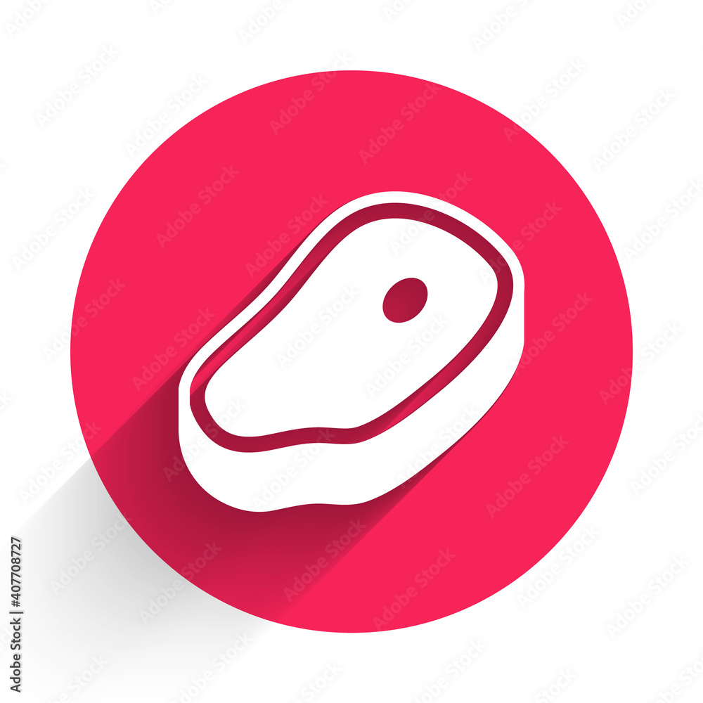 White Steak meat icon isolated with long shadow. Red circle button. Vector.