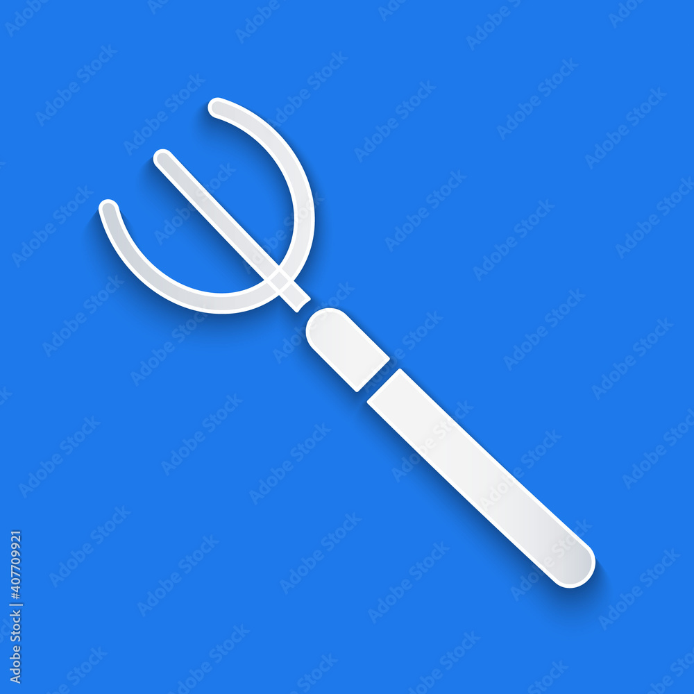 Paper cut Garden pitchfork icon isolated on blue background. Garden fork sign. Tool for horticulture