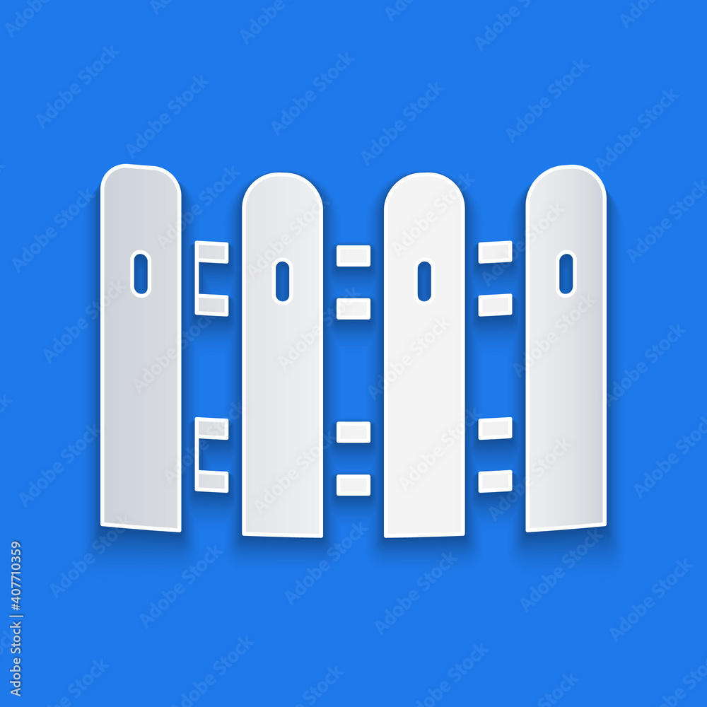 Paper cut Garden fence wooden icon isolated on blue background. Paper art style. Vector.