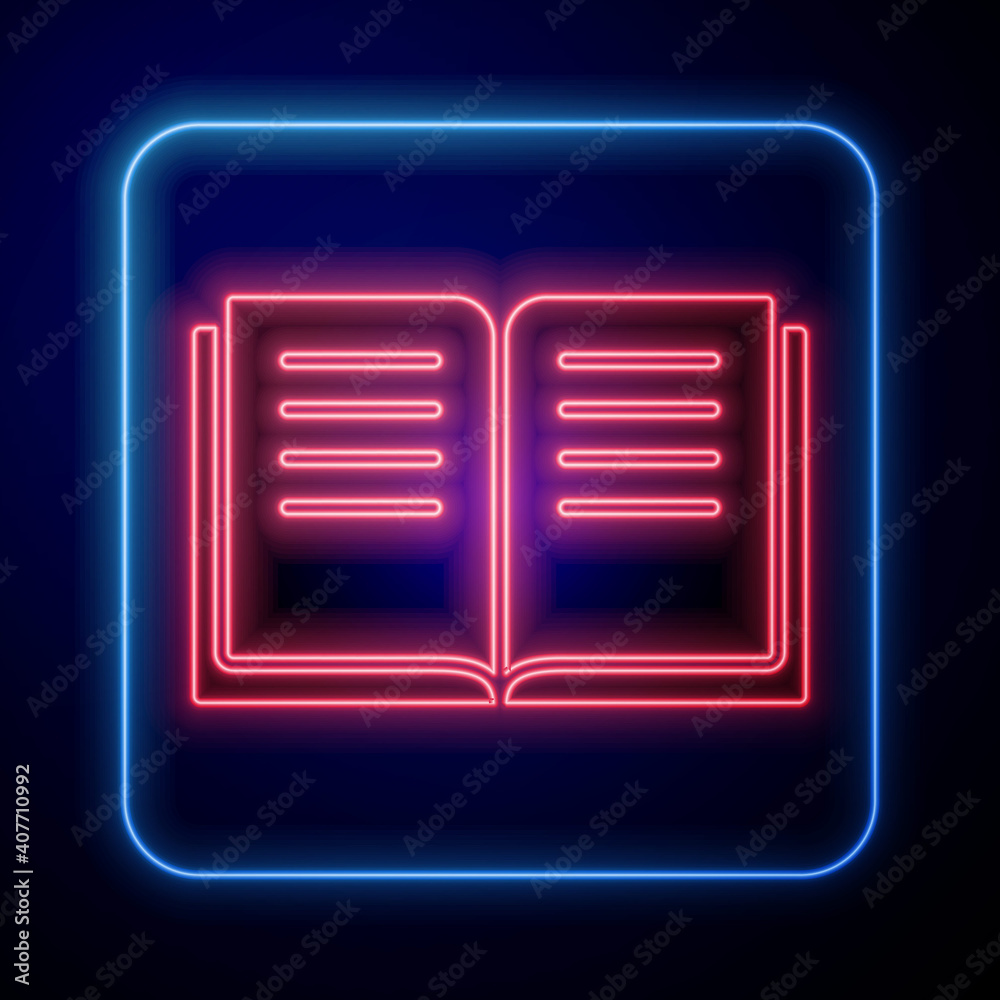 Glowing neon Ancient magic book with alchemy recipes and mystic spells and enchantments icon isolate