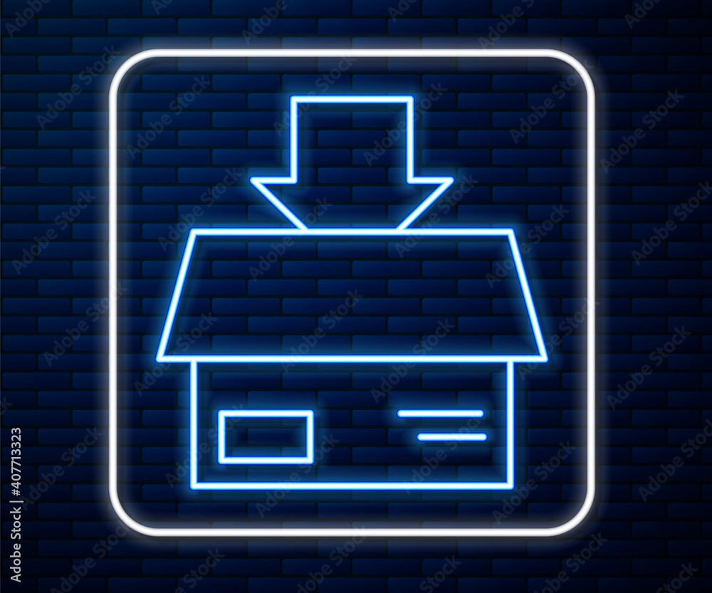 Glowing neon line Carton cardboard box icon isolated on brick wall background. Box, package, parcel 