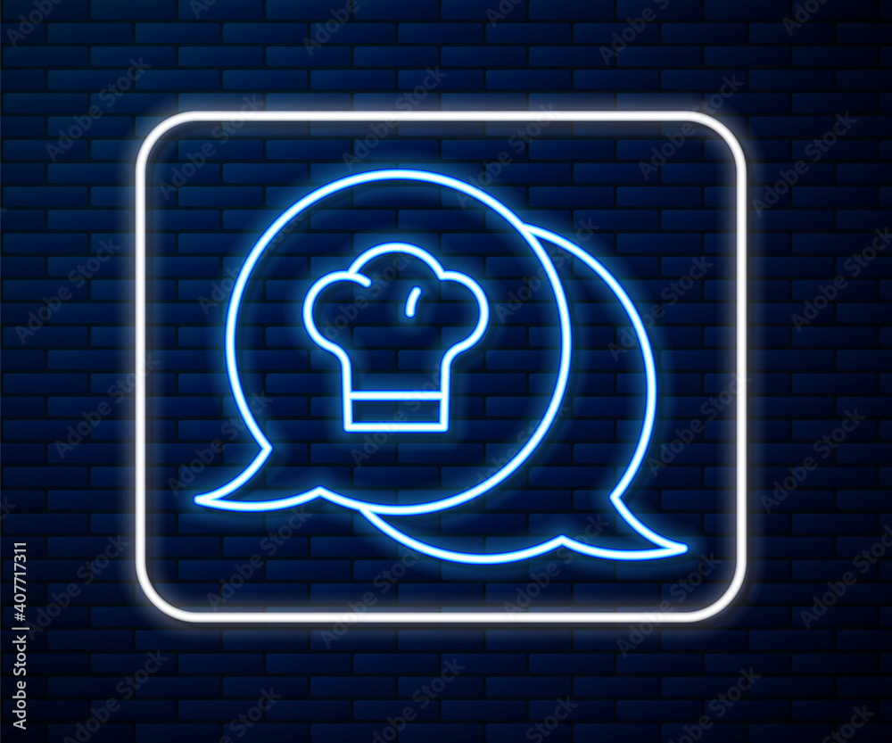 Glowing neon line Chef hat in speech bubble icon isolated on brick wall background. Cooking symbol. 