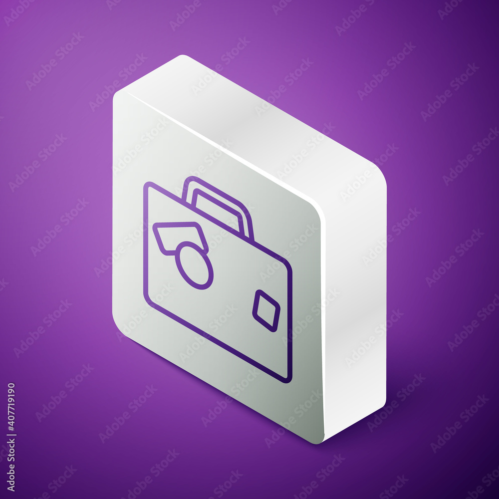 Isometric line Suitcase for travel icon isolated on purple background. Traveling baggage sign. Trave