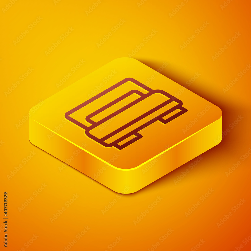 Isometric line Hotel room bed icon isolated on orange background. Yellow square button. Vector.