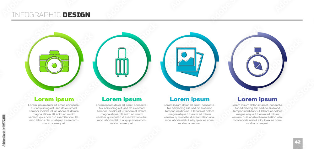 设置照片相机、手提箱、照片和指南针。商业信息图模板。矢量。