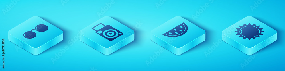 Set Isometric Glasses, Photo camera, Sun and Watermelon icon. Vector.