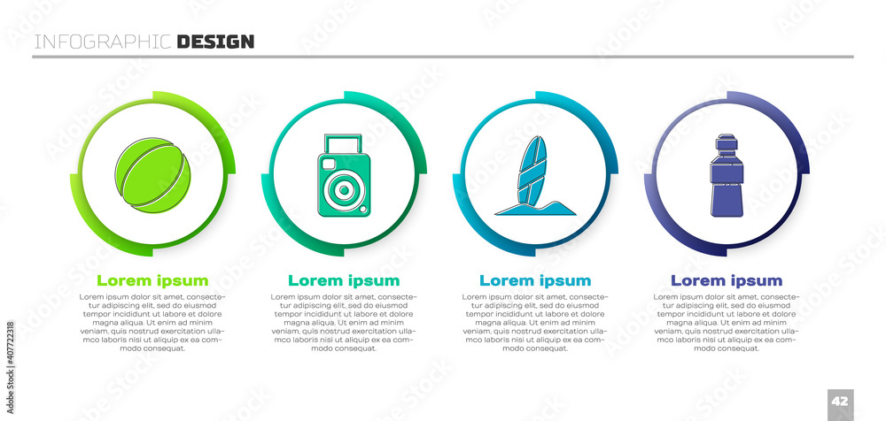 设置沙滩球、照相/摄像机、冲浪板和水瓶。商业信息图模板。矢量。