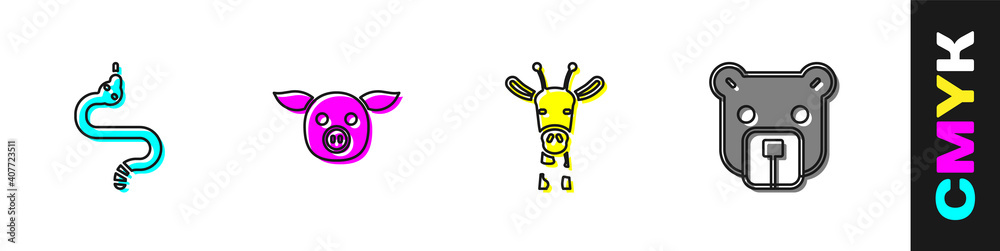 Set Snake, Pig, Giraffe head and Bear icon. Vector.