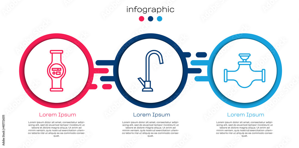 设置线路水表、水龙头和工业管道和阀门。商业信息图模板。矢量。