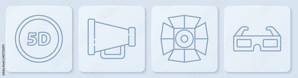 设置线5d虚拟现实，电影聚光灯，扩音器和3D影院眼镜。白色方形按钮。