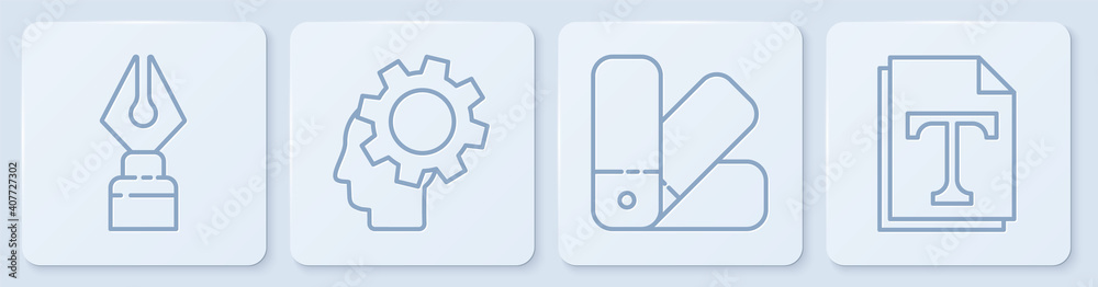 Set line Fountain笔尖，调色板指南，带齿轮的人头和文本文件文档。